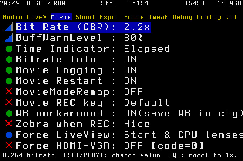 Movie preferences from the Magic Lantern software for Canon HDSLR's